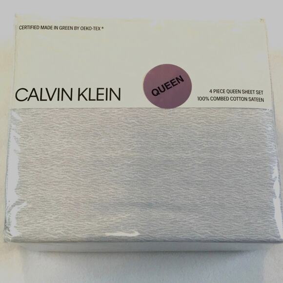 Calvin Klein Queen Sheet Set New Sateen Soft Gray Pattern - Picture 2 of 5